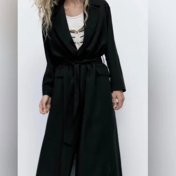 ZARA Belted Longline Light Coat - BLACK Size M - Picture 2 of 3